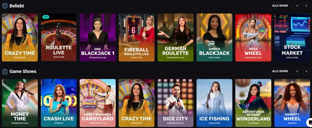 SlotLounge Casino Live Spiele und Game Shows mit Crazy Time, Roulette und Blackjack