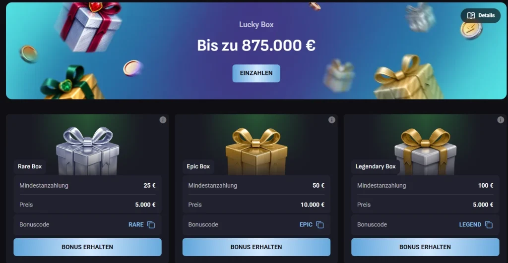 SlotLounge Casino Lucky Box mit Rare, Epic und Legendary Boxen und Bonusoptionen