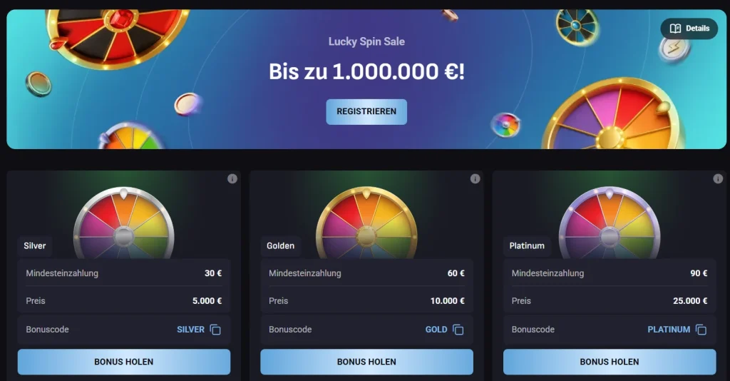 SlotLounge Casino Lucky Spin Sale mit Bonusrädern Silver, Golden und Platinum