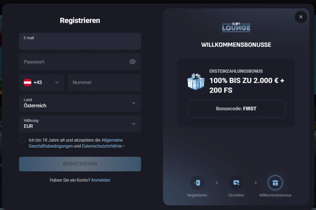 SlotLounge Casino Registrierungsformular mit Willkommensbonus und Bonuscode FIRST