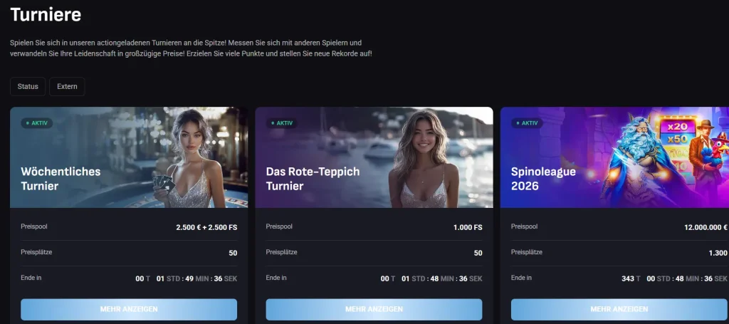 SlotLounge Casino Turniere Übersicht mit wöchentlichem Turnier, Roter Teppich und Spinoleague 2026