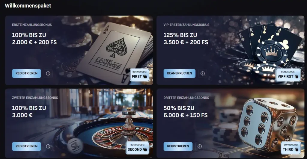 SlotLounge Casino Willkommenspaket mit Erst-, Zweit- und Dritteinzahlungsbonus sowie VIP Bonus